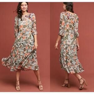 Anthropologie Floral Midi Dress - Orange, Green, White